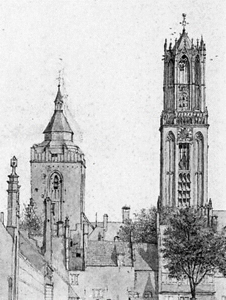 Buurkerktoren op de tekening van Saenredam uit 1636. Collectie: Het Teylers Museum, Haarlem